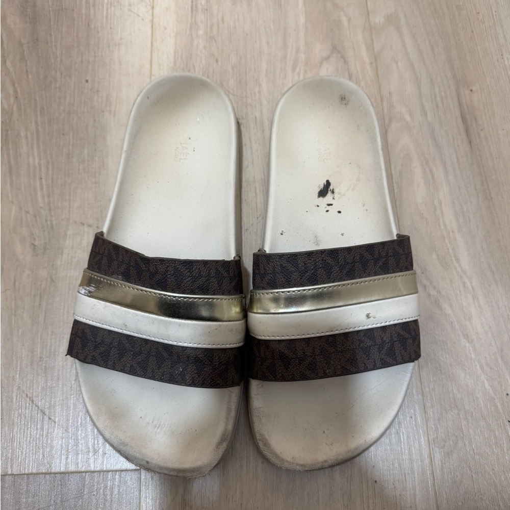 Micheal Kors Brown and Gold Slide Sandals
